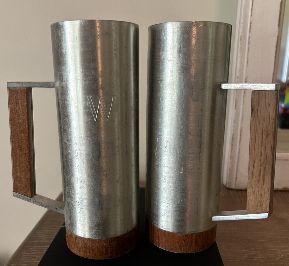 Antique SELANGER Pewter & Wood Set Of 2 MUGS 7.5” Handmade Singapore Initial “W”